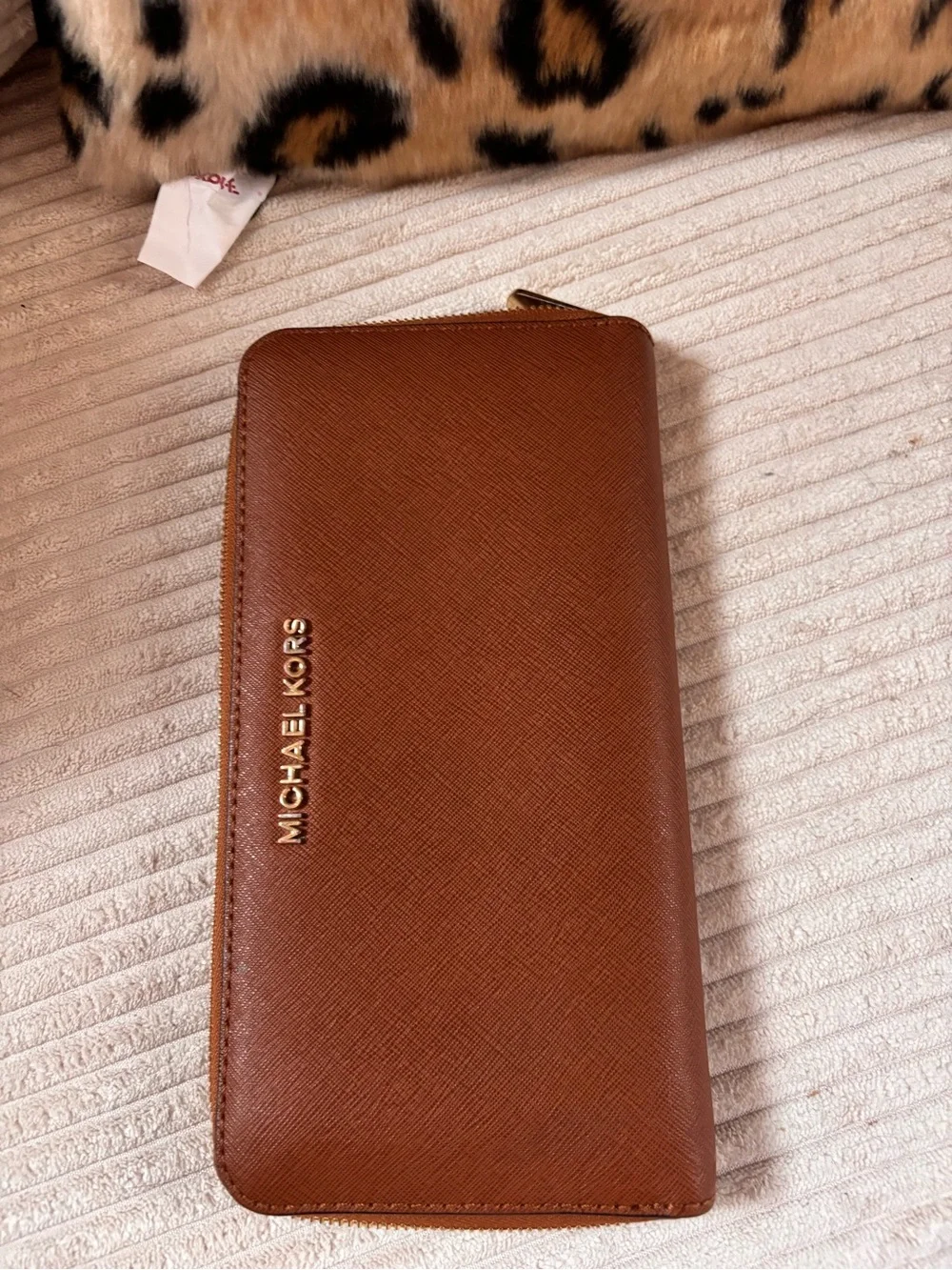 Michael Kors Tan Brown Zip Wallet with Gold Logo